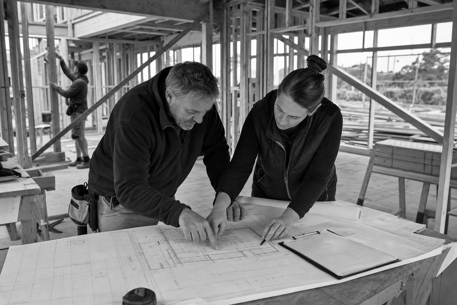 A site supervisor and project coordinator reviewing house plans inside a timber-framed residential build